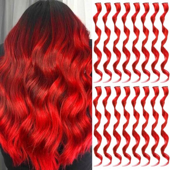 New 16PCS Curly Wavy Red Streaks Synthetic Hairpiece Clip-in Hair Extensions